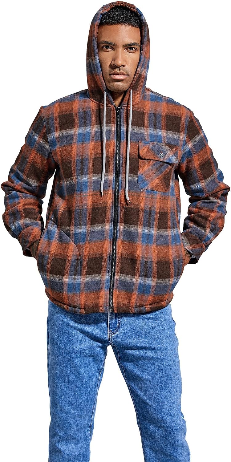 Elesuit Men's Full Zip Fleece Flannel Jacket Shirt Plaid Cotton Hoodie Coat