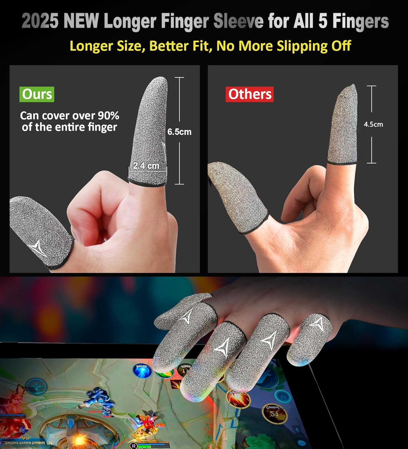 2025 Upgrade: Longer Size for 5 Fingers, Professional Pure Silver Fiber Finger Sleeves for Mobile Gaming–No More Slipping, Maximum Touch Sensitivity, Anti-Sweat,6 Pack (M)