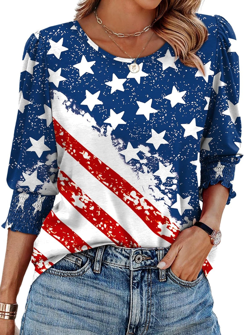 XIEERDUO Blouses for Women Dressy Casual 3/4 Length Sleeve Womens Tops with Smocked Cuffs-5