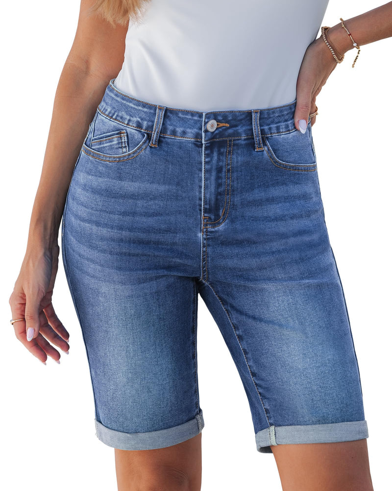 luvamia Bermuda Jean Shorts for Women Knee Length High Waisted Trendy Cuffed Hem Long Stretchy Denim Shorts Summer Jorts
