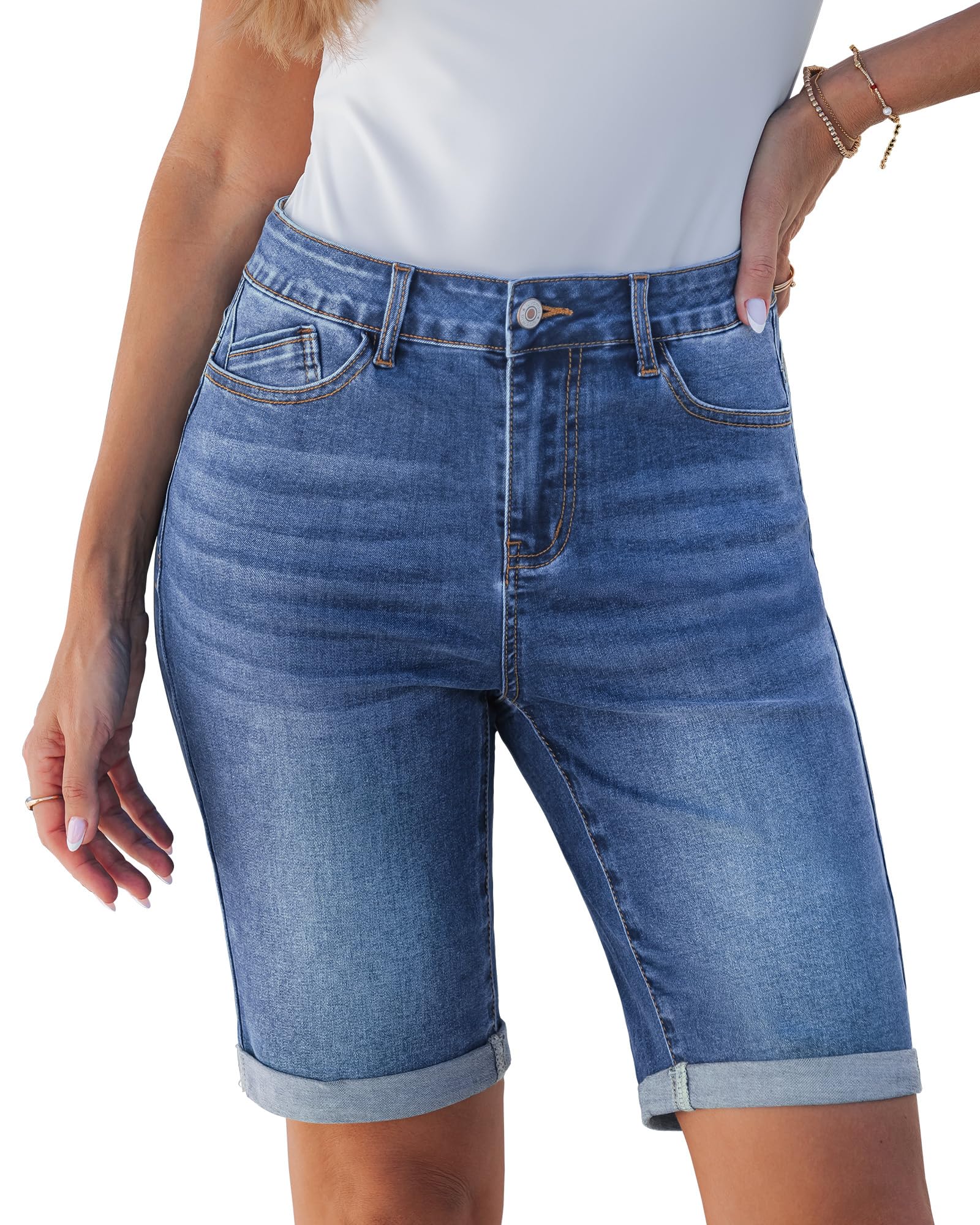 luvamia Bermuda Jean Shorts for Women Knee Length High Waisted Trendy Cuffed Hem Long Stretchy Denim Shorts Summer Jorts