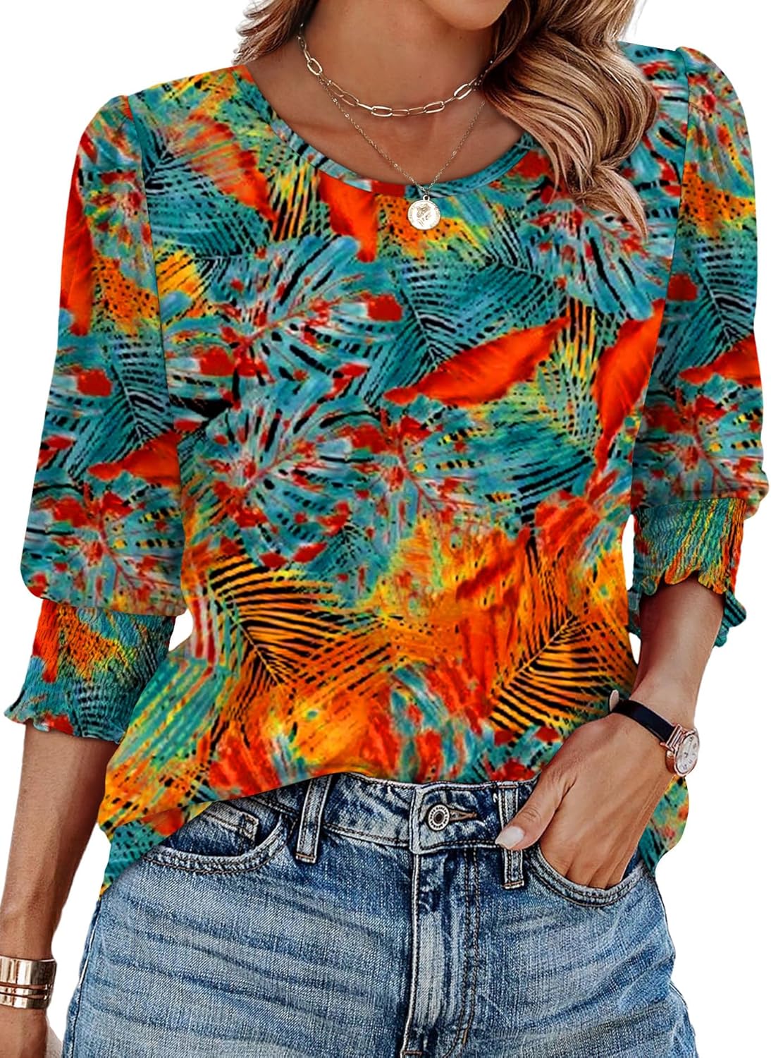 XIEERDUO Blouses for Women Dressy Casual 3/4 Length Sleeve Womens Tops with Smocked Cuffs-68