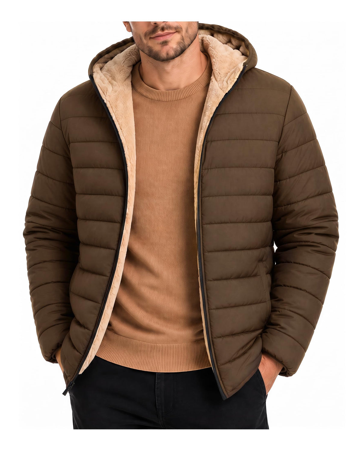 Yufawow Men Puffer Jacket Insulated Warm Coat Sherpa Fleece Lined Lightweight for Cold Weather Outdoor Work Winter Casual Clothes