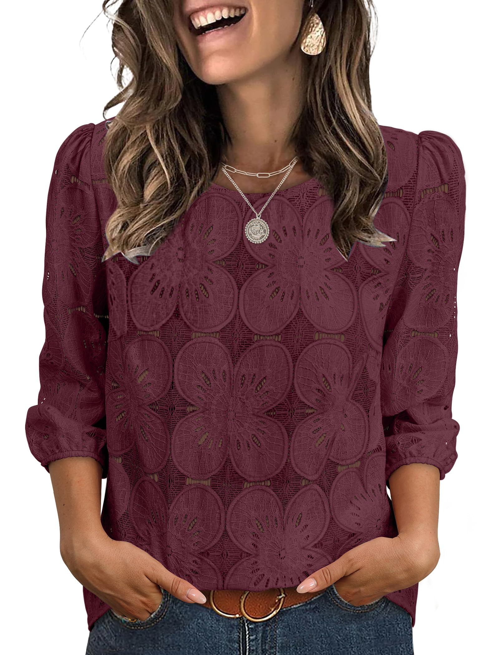 Sampeel Women Blouses Dressy Casual 3/4 Length Sleeve Tops Eyelet Lace Spring Summer Shirts Beach Vacation Clothes