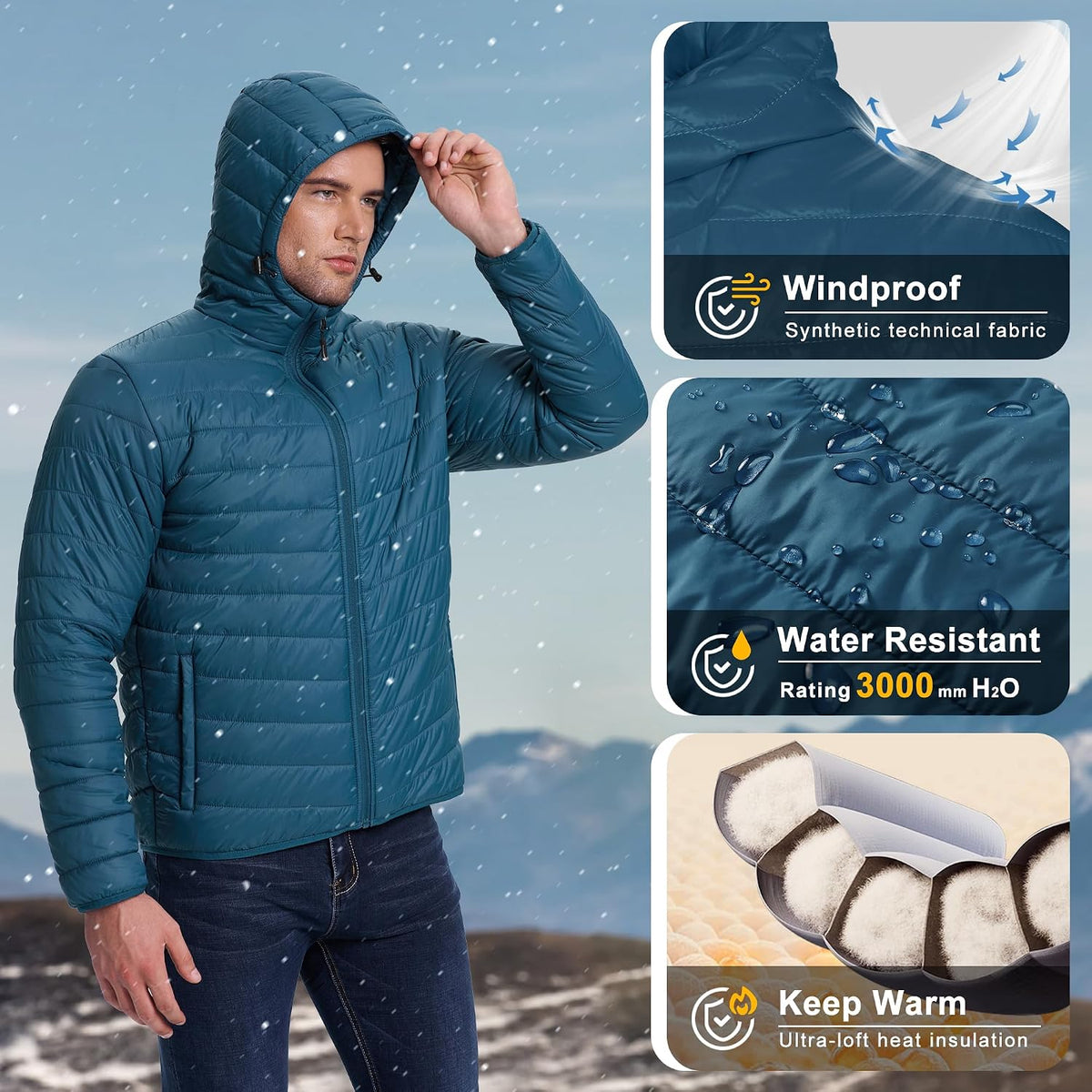 33,000ft Men's Packable Hooded Puffer Jacket Lightweight Warm Winter Coat