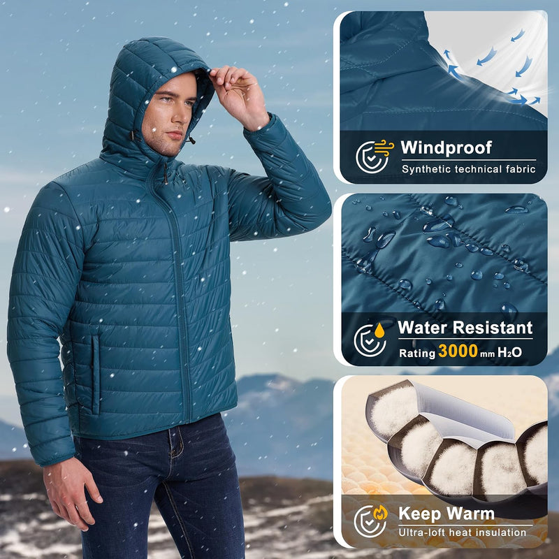 33,000ft Men's Packable Hooded Puffer Jacket Lightweight Warm Winter Coat