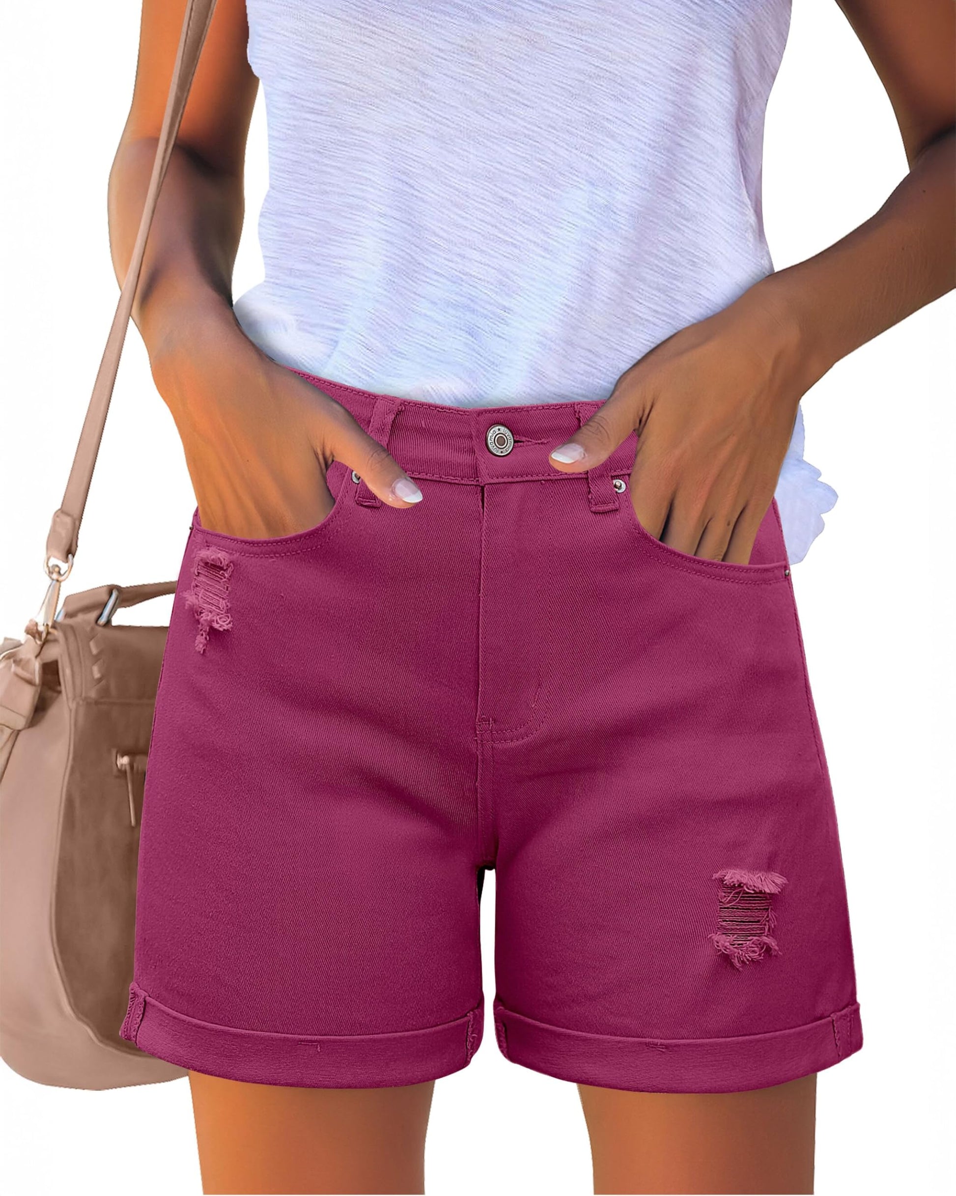 luvamia Women's Casual Ripped Denim Shorts High Rise Distressed Rolled Hem Jeans Shorts
