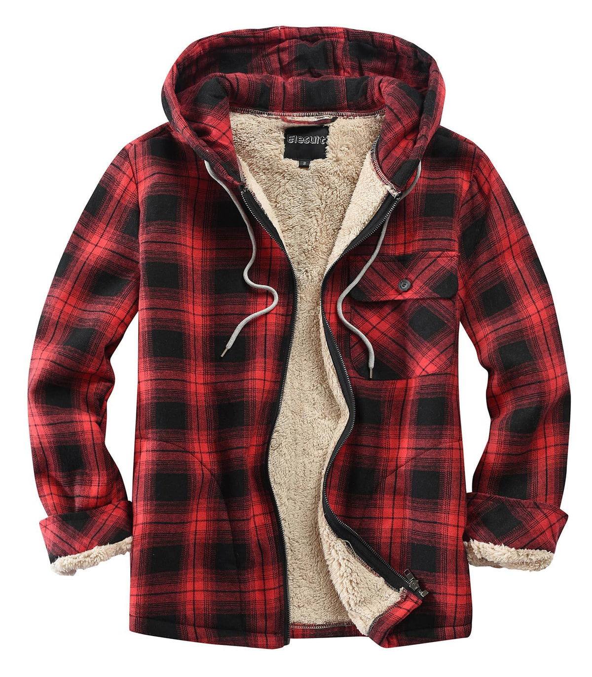 Elesuit Men's Full Zip Fleece Flannel Jacket Shirt Plaid Cotton Hoodie Coat