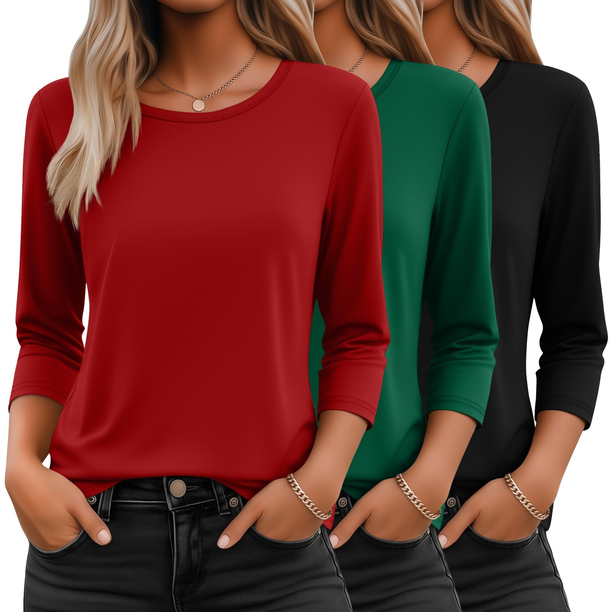 Ficerd 3 Pack 3/4 Sleeve Tops for Women Round Neck Dressy Basics Tees Casual Trendy Loose Fit T Shirts-39