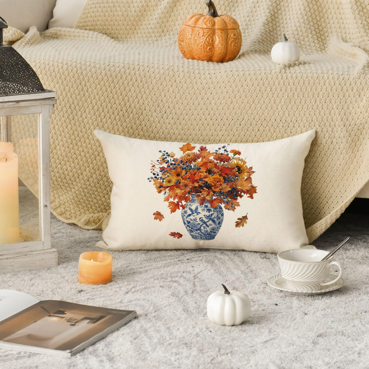 AVOIN colorlife Fall Flowers Bird Vase Throw Pillow Cover 12x20 Inch