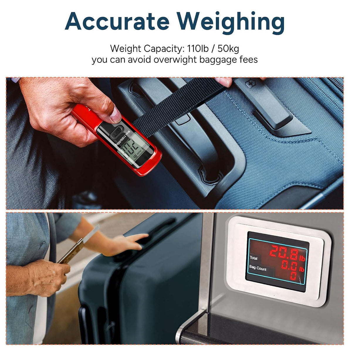 travel inspira Battery-Free Luggage Scale 110lb/50kg Digital Portable | Battery-free luggage scale, pump to power, 110lb/50kg, ±50g, lb/kg switch, tare, overload alert, travel essential