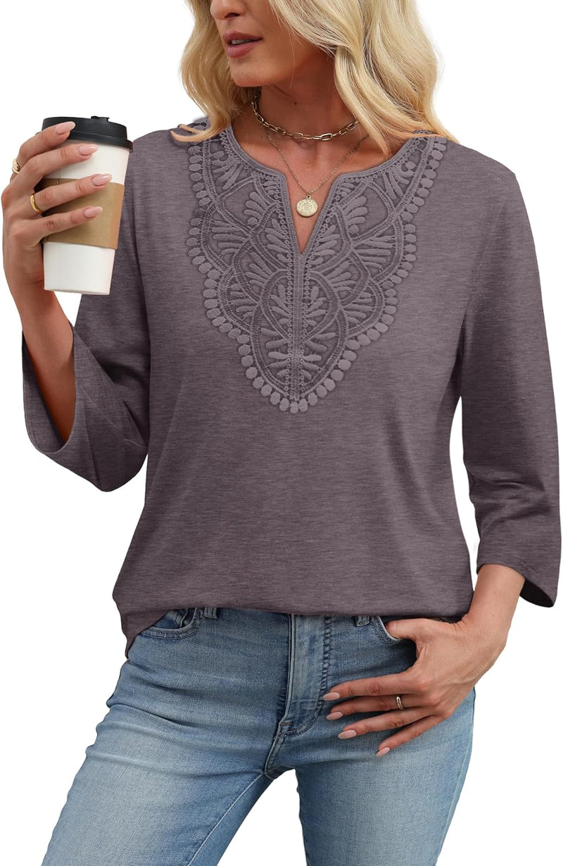 WIHOLL 3/4 Length Sleeve Womens Tops Boho V Neck Lace Shirt Trendy Blouses Dressy Casual Vacation Clothes S-3XL