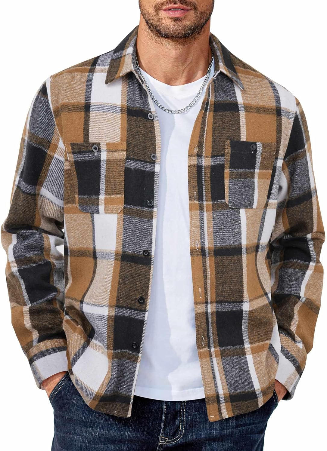 COOFANDY Men's Flannel Shirts Long Sleeve Casual Cotton Plaid Button Down Shirt Jacket with Pockets