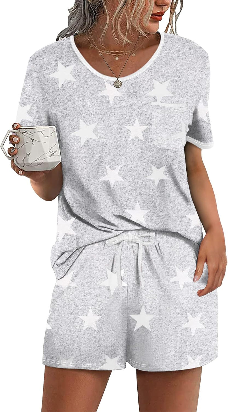 Ekouaer Pajama Set for Women 2 Piece Lounge Set Short Sleeve Tops and Shorts Soft Sleepwear, Chest Pocket-81