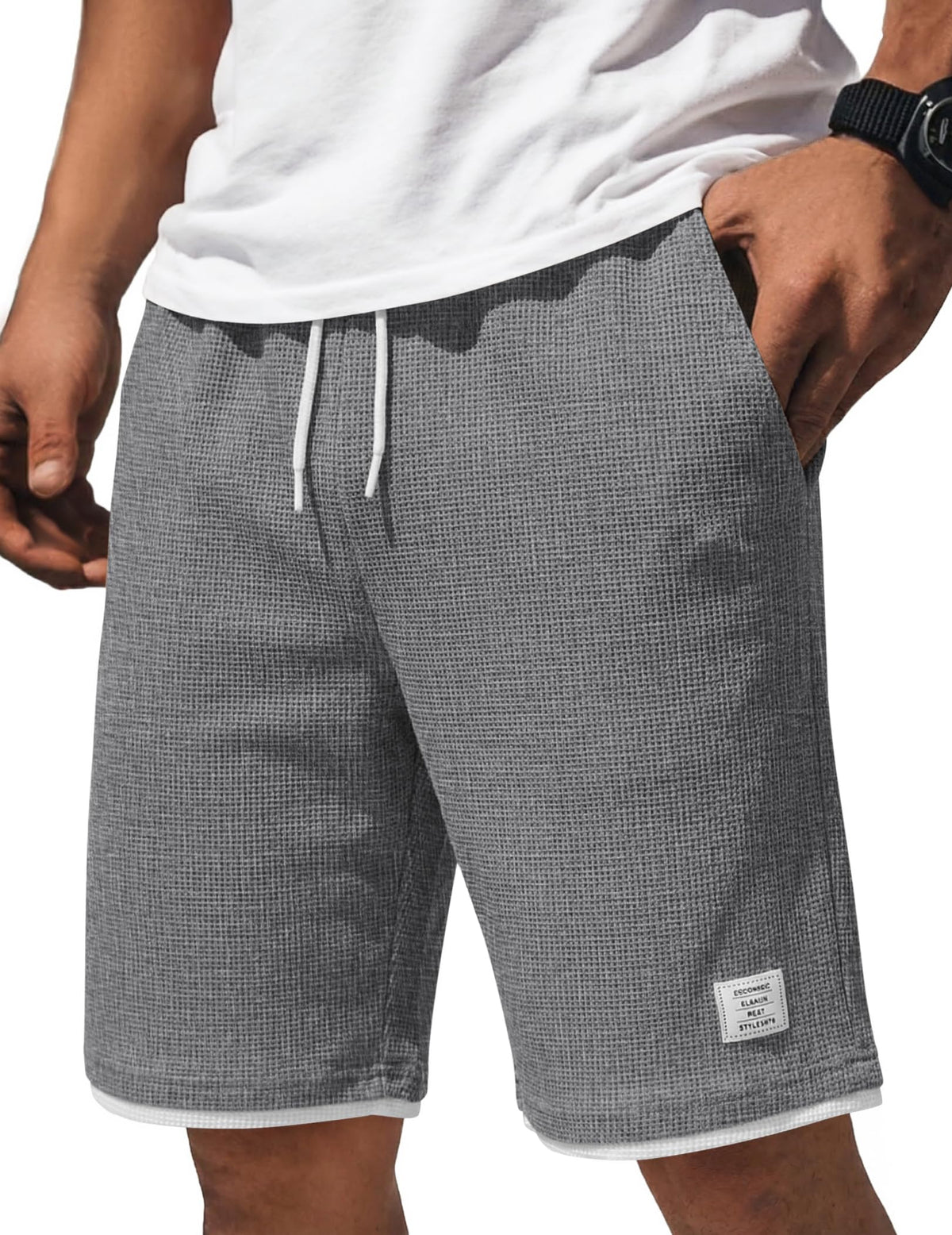 COOFANDY Mens Casual Shorts Cotton Drawstring 9 inch Waffle Shorts Stretch Elastic Waist Summer Beach Lounge Sweat Shorts