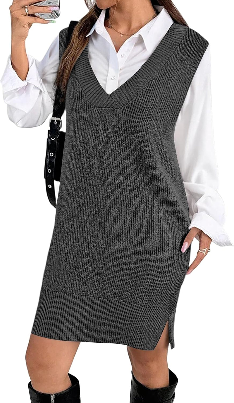 Zeagoo Women's V Neck Sweater Vest Dress Oversized Sleeveless Casual Pullover Sweater Fall Winter Knit Slit Short Dress-13