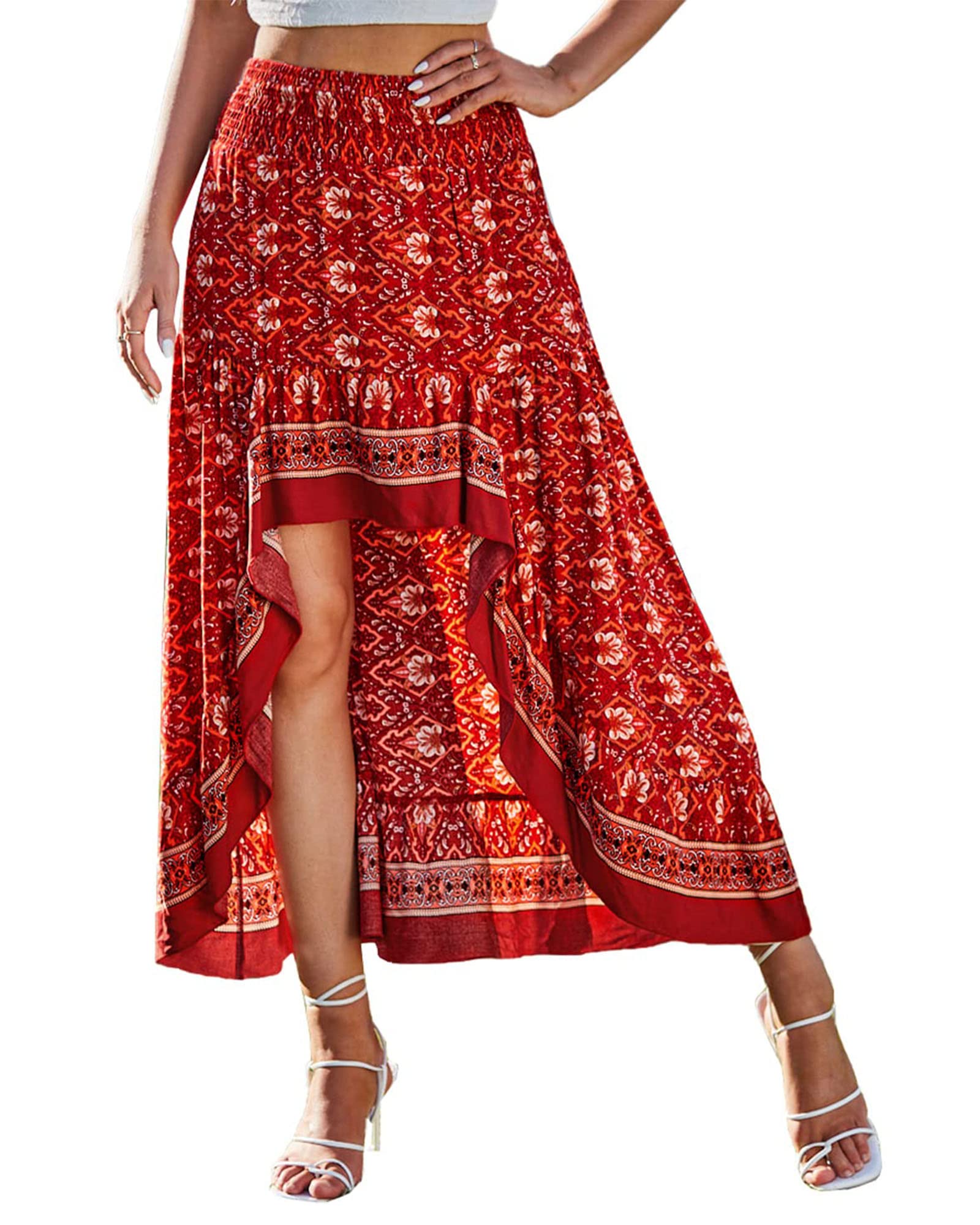 BTFBM Women 2026 Spring Summer Long Skirts Dress Boho Floral Elastic Waist Split Ruffle High Low Beach Maxi Skirt Clothes