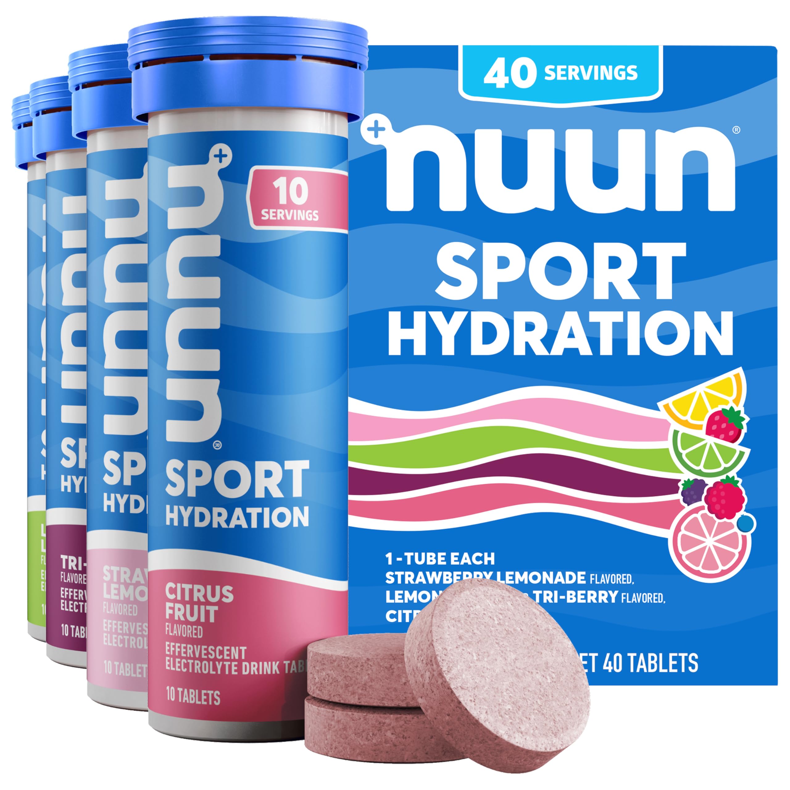 Nuun Sport Electrolyte Tablets with Magnesium, Calcium, Potassium, Chloride & Sodium, Gluten Free & Vegan, Tri-Berry, 4 Pack (40 Servings Total)