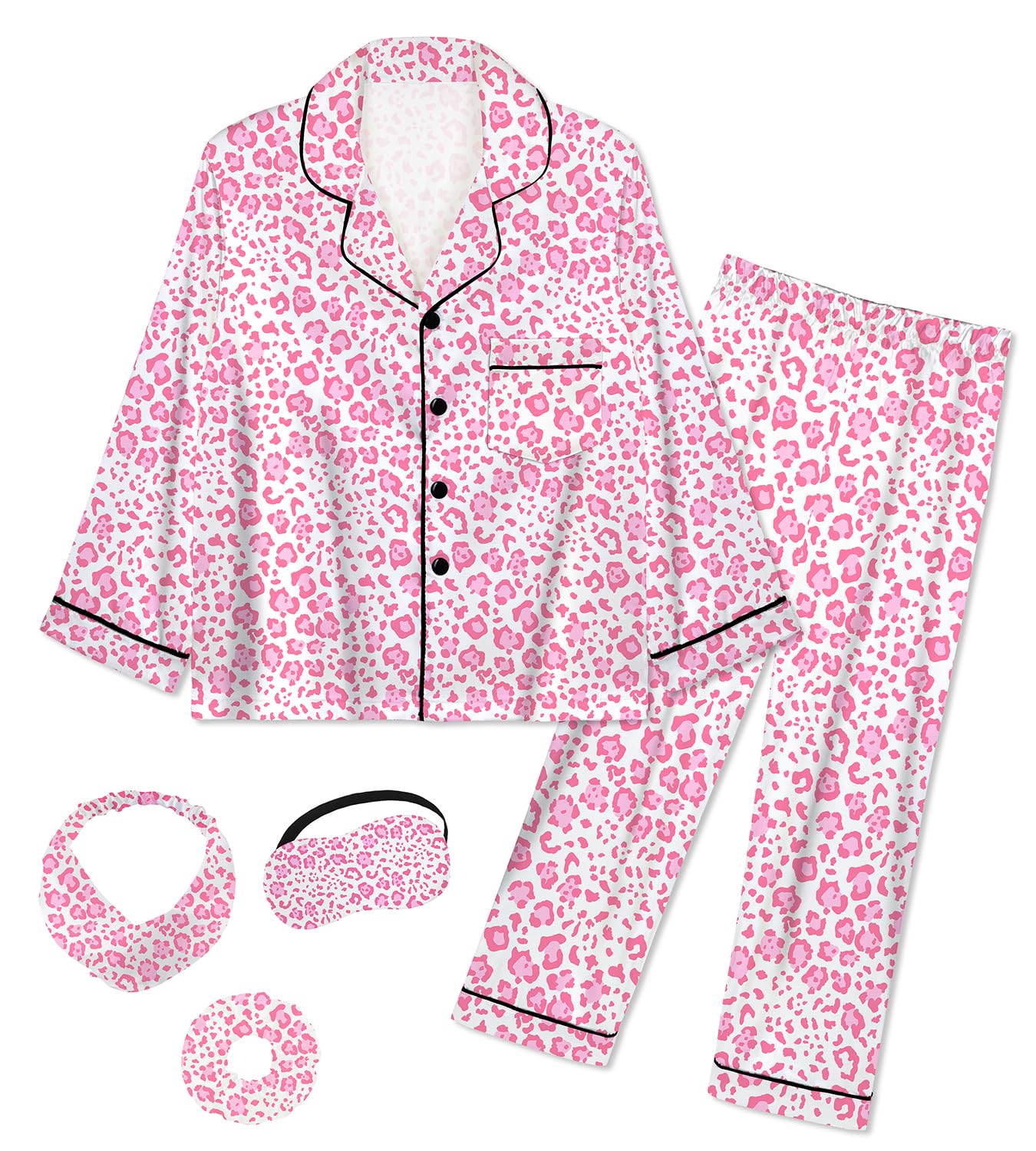 EPLAZA Kids Satin Pajamas Sets Girls Boys Button-Down Silky Pajamas Sleepwear with Hairband Eye Mask Hair Tie