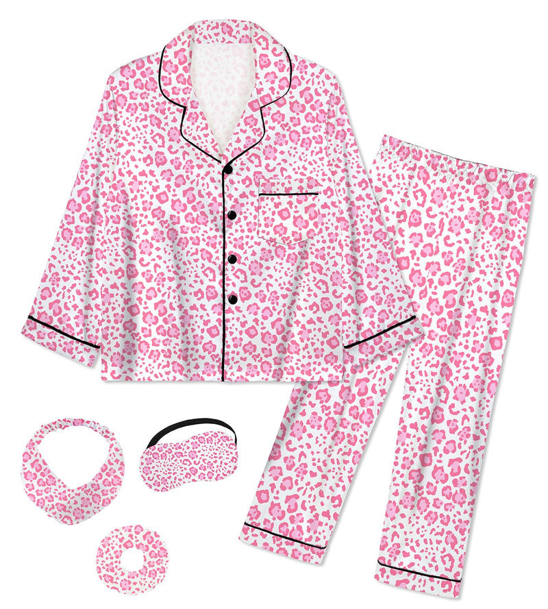 EPLAZA Kids Satin Pajamas Sets Girls Boys Button-Down Silky Pajamas Sleepwear with Hairband Eye Mask Hair Tie