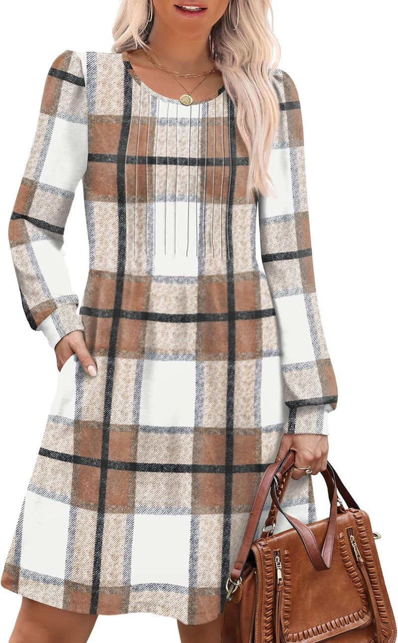 OFEEFAN Long Sleeve Dress for Women Pleated Crew Neck Casual Babydoll Sweater Dress with Pockets Fall Outfits Fashion-33