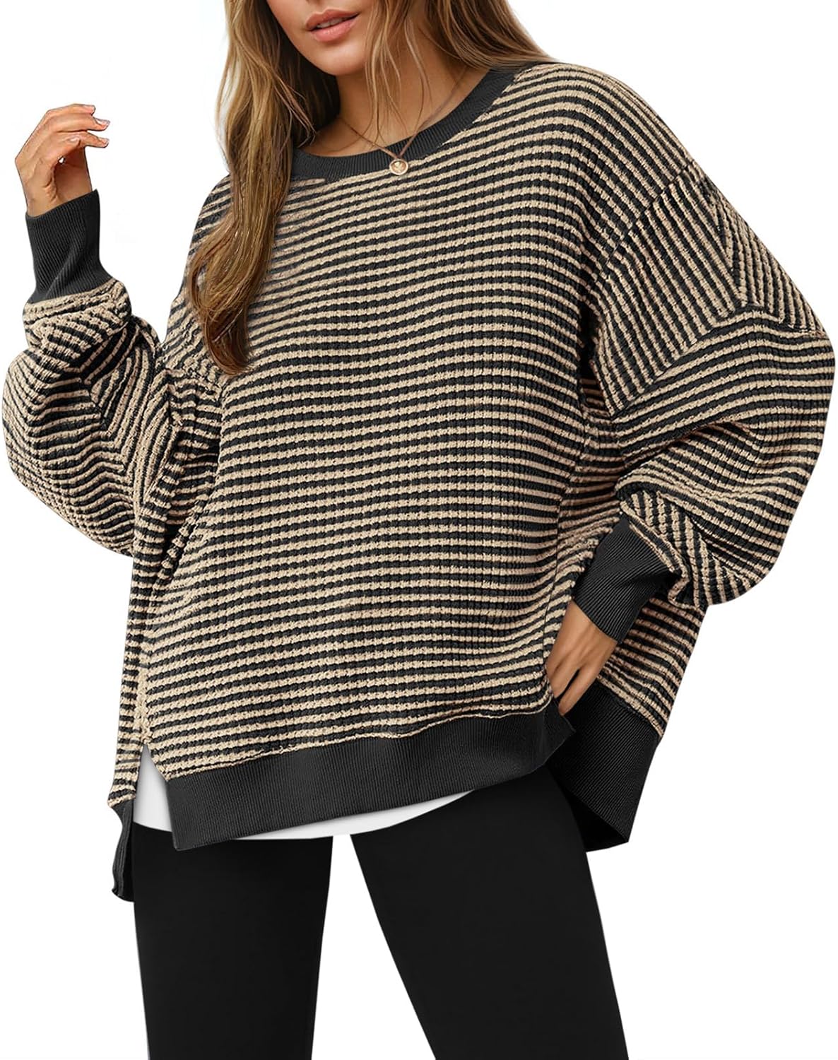 Fisoew Women's Fall Oversized Sweatshirt Casual Waffle Knit Long Sleeve Crewneck Split Pullover Tunic Tops-39
