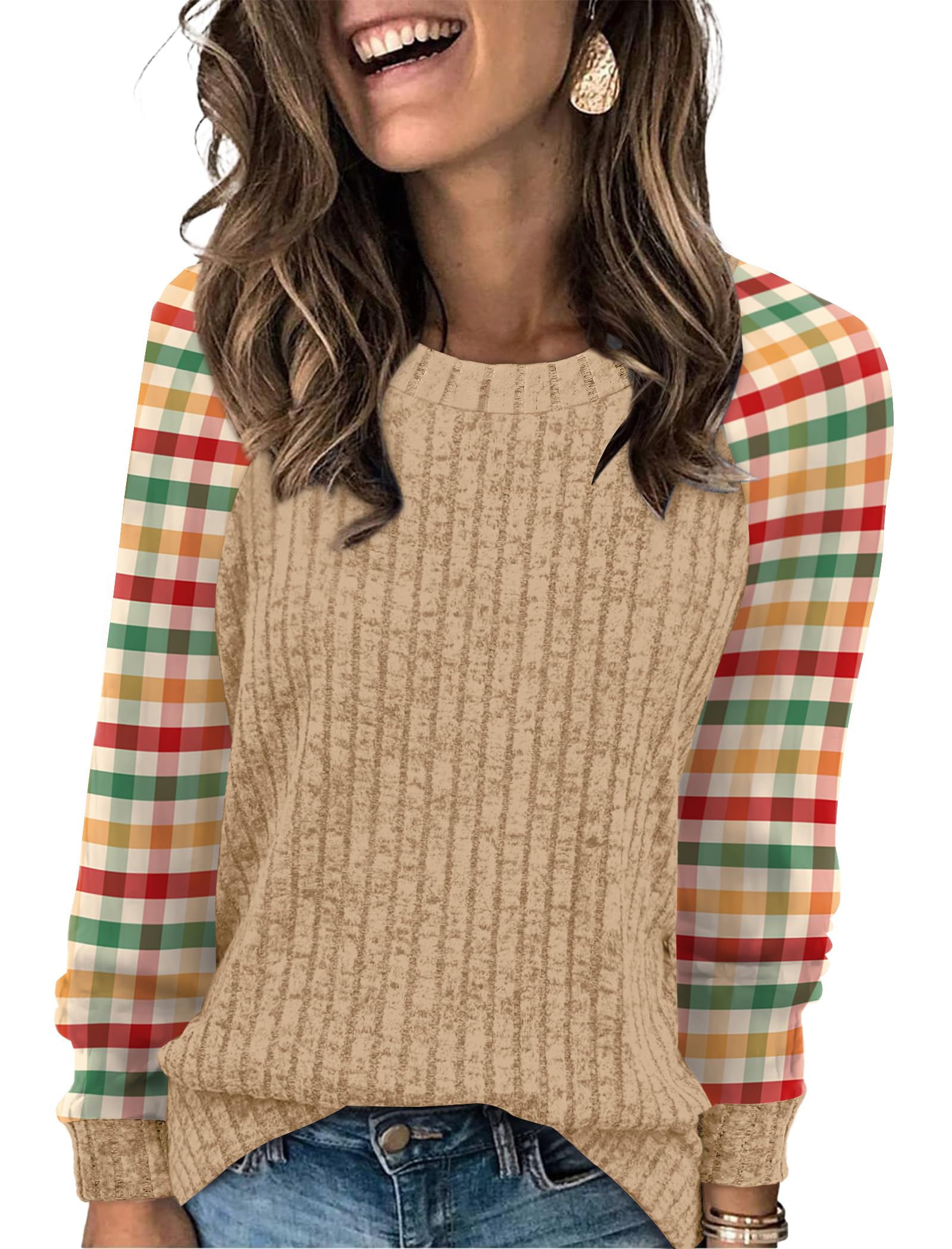 WIHOLL Long Sleeve Shirts for Women Lightweight Sweaters Fall Outfits 2025 Color Block Winter Clothing Dressy Casual Soft-41