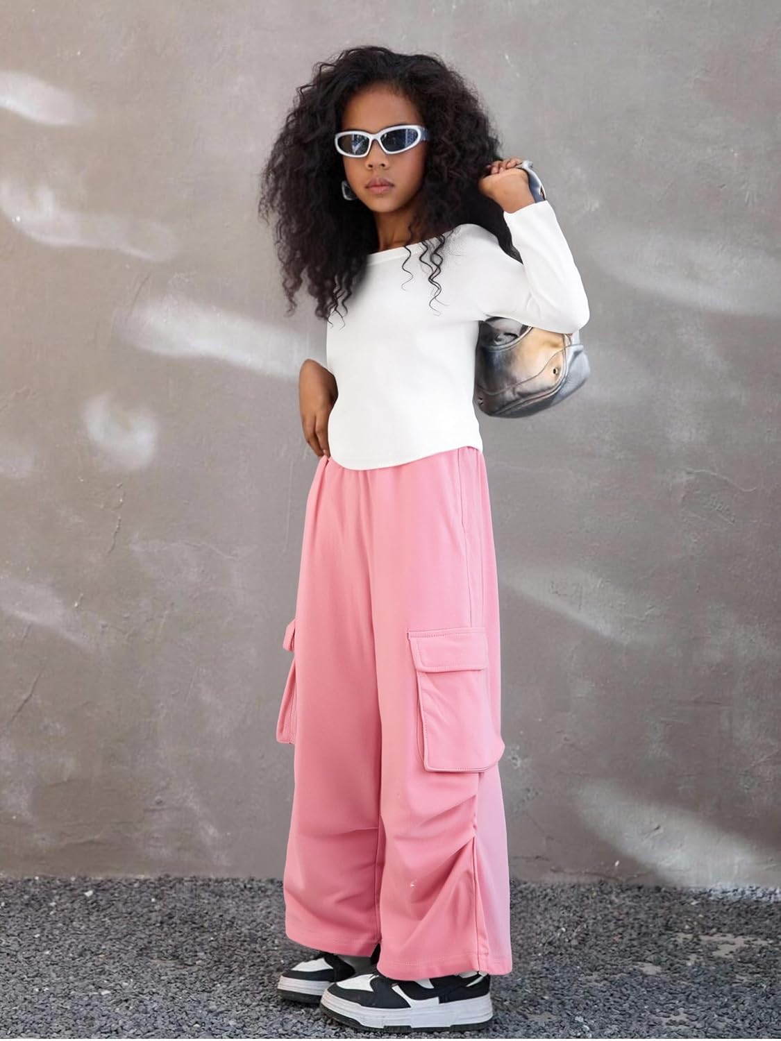 Azmxynol Girls Clothes 2 Piece Outfit Ribbed T-Shirt Top + Cargo Pants, Girls Fall Clothing Set, Sizes 5-16 Years