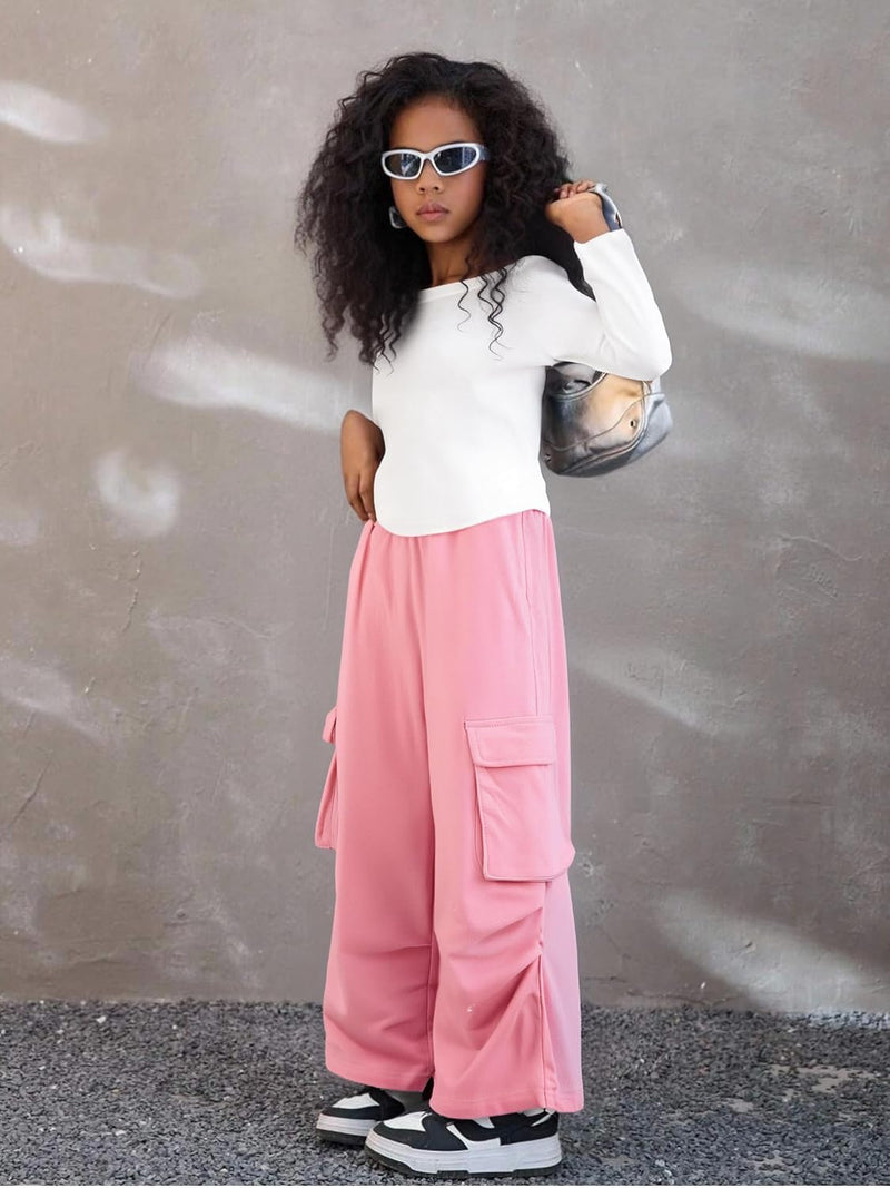 Azmxynol Girls Clothes 2 Piece Outfit Ribbed T-Shirt Top + Cargo Pants, Girls Fall Clothing Set, Sizes 5-16 Years