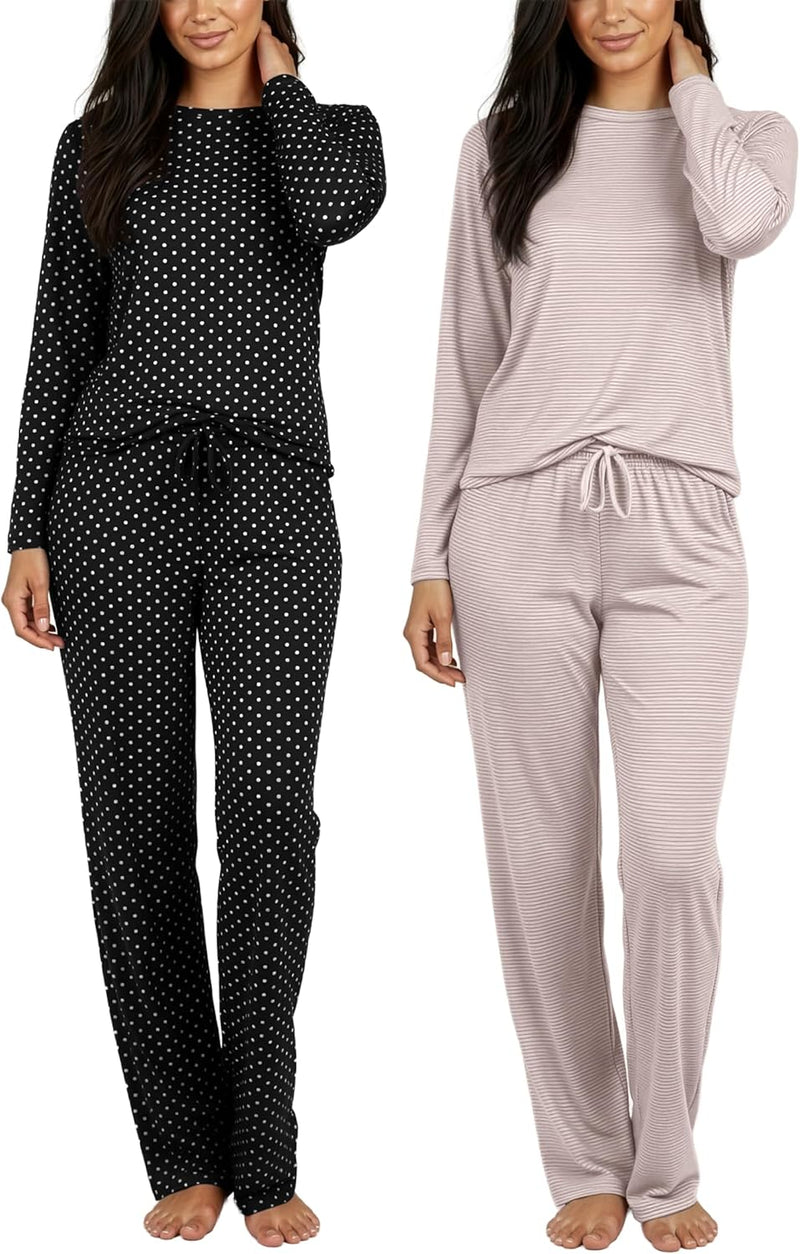 Real Essentials 2 Pack: Women's Comfy Pajama Sets - Short & Long Sleeve Ladies Loungewear Sleepwear PJs (Available In Plus)-100