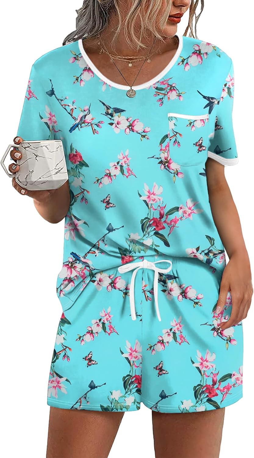 Ekouaer Pajama Set for Women 2 Piece Lounge Set Short Sleeve Tops and Shorts Soft Sleepwear, Chest Pocket-55