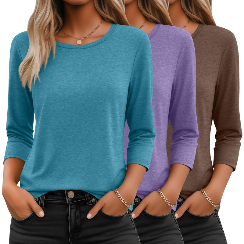Ficerd 3 Pack 3/4 Sleeve Tops for Women Round Neck Dressy Basics Tees Casual Trendy Loose Fit T Shirts-41