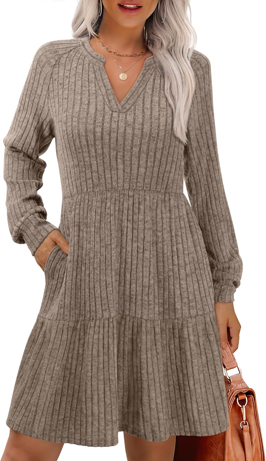 IWD Womens V Neck Long Sleeve Dress with Pockets Casual A-Line Knee Length Fall Knit Sweater Dresses 2025-28