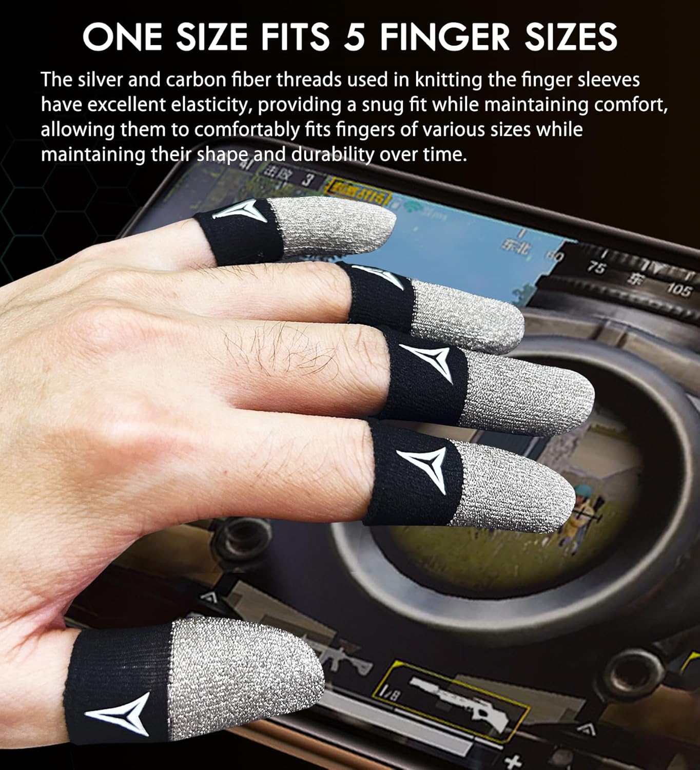 Improved Version-Visible Pure Silver Fiber&Carbon Fiber Professional Model Gaming Finger Sleeves,No Rubber Band,Maximum Touch Response,Comfortable fit, Anti-Sweat,Fit All Touchscreen Devices-6 Pack