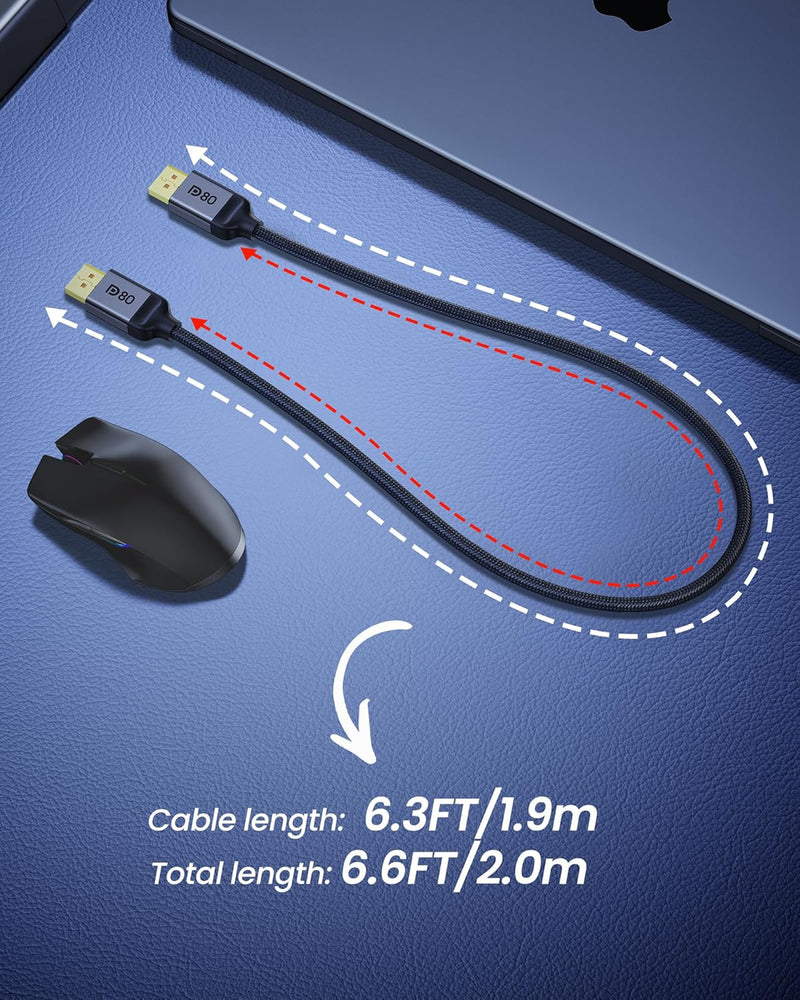 Silkland 80Gbps DisplayPort Cable 2.1 6.6FT/2M [VESA Certified], [8K@240Hz, 4K@540Hz 360Hz 240Hz] DP 2.1 Cable 16K, DP80 HDR DSC Display Port Cord Compatible FreeSync Gaming Monitor 5090 9070XT,S1334