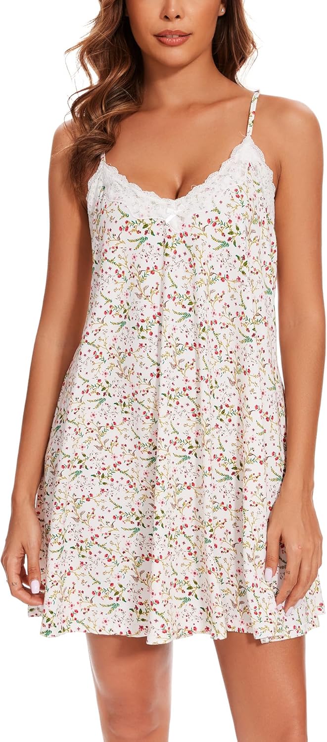 Nightgowns for Women Sexy Lace Sleepwear V Neck Short Night Gowns Sleeveless Chemise Nighty-78