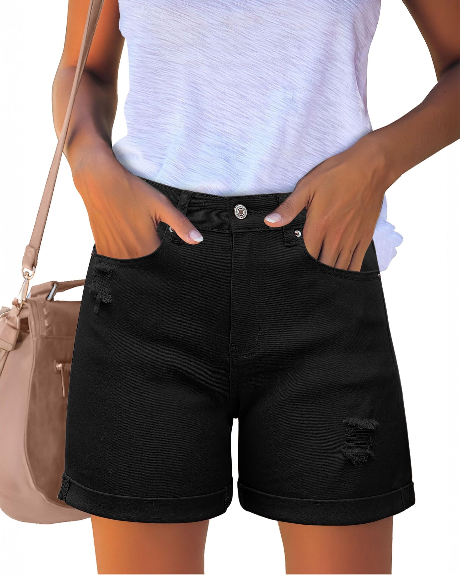 luvamia Women's Casual Ripped Denim Shorts High Rise Distressed Rolled Hem Jeans Shorts