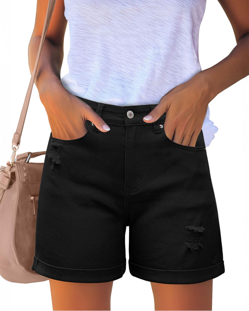 luvamia Women's Casual Ripped Denim Shorts High Rise Distressed Rolled Hem Jeans Shorts
