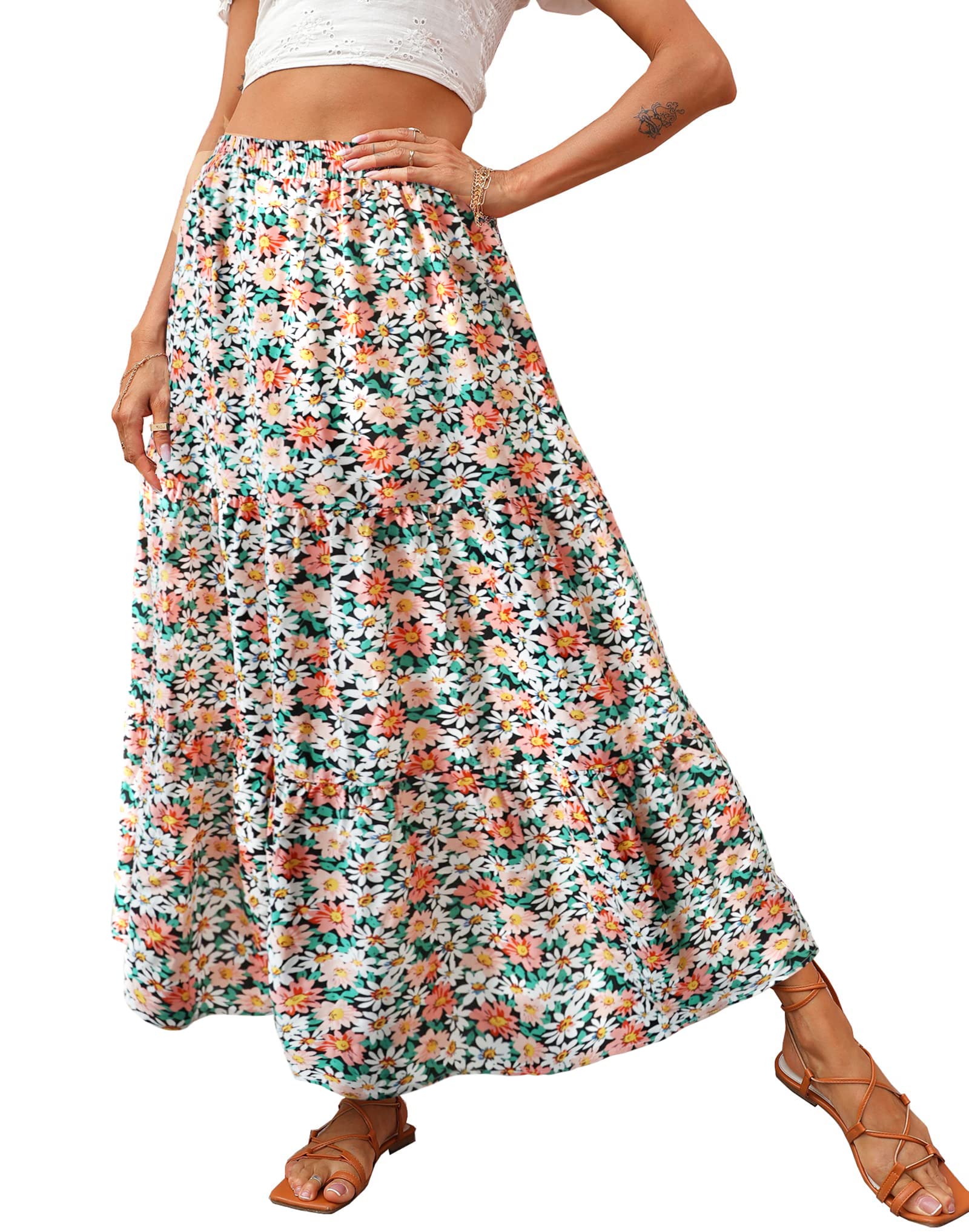 KIRUNDO Maxi Skirts for Women 2026 Summer Boho Floral High Waist Casual Flowy Long Skirt Beach Vacation Cruise Resort Wear