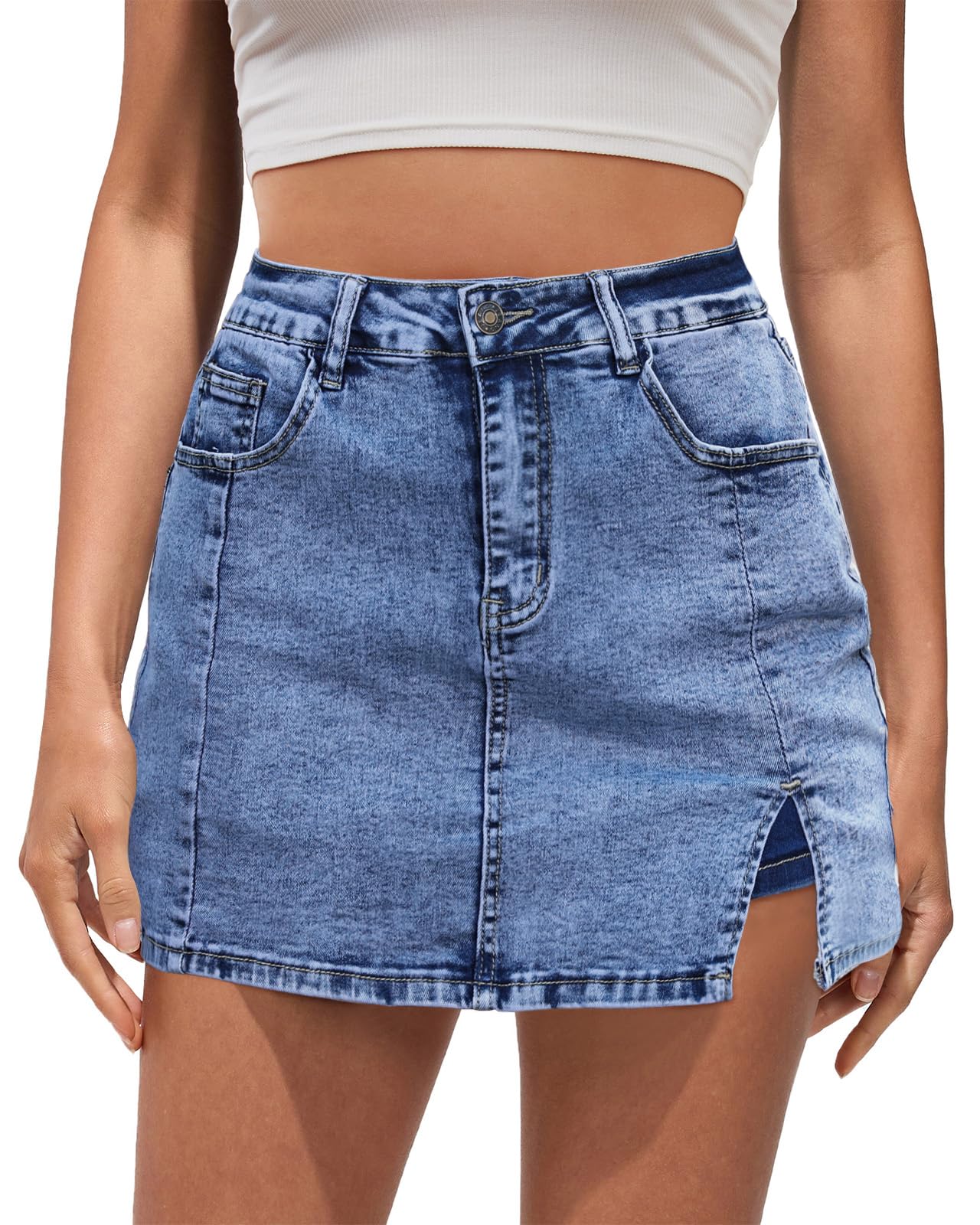 Vetinee Jean Skorts for Woman High Waisted Trendy Slit Stretchy Denim Skirt with Shorts Y2K Casual Summer Skorts Skirts