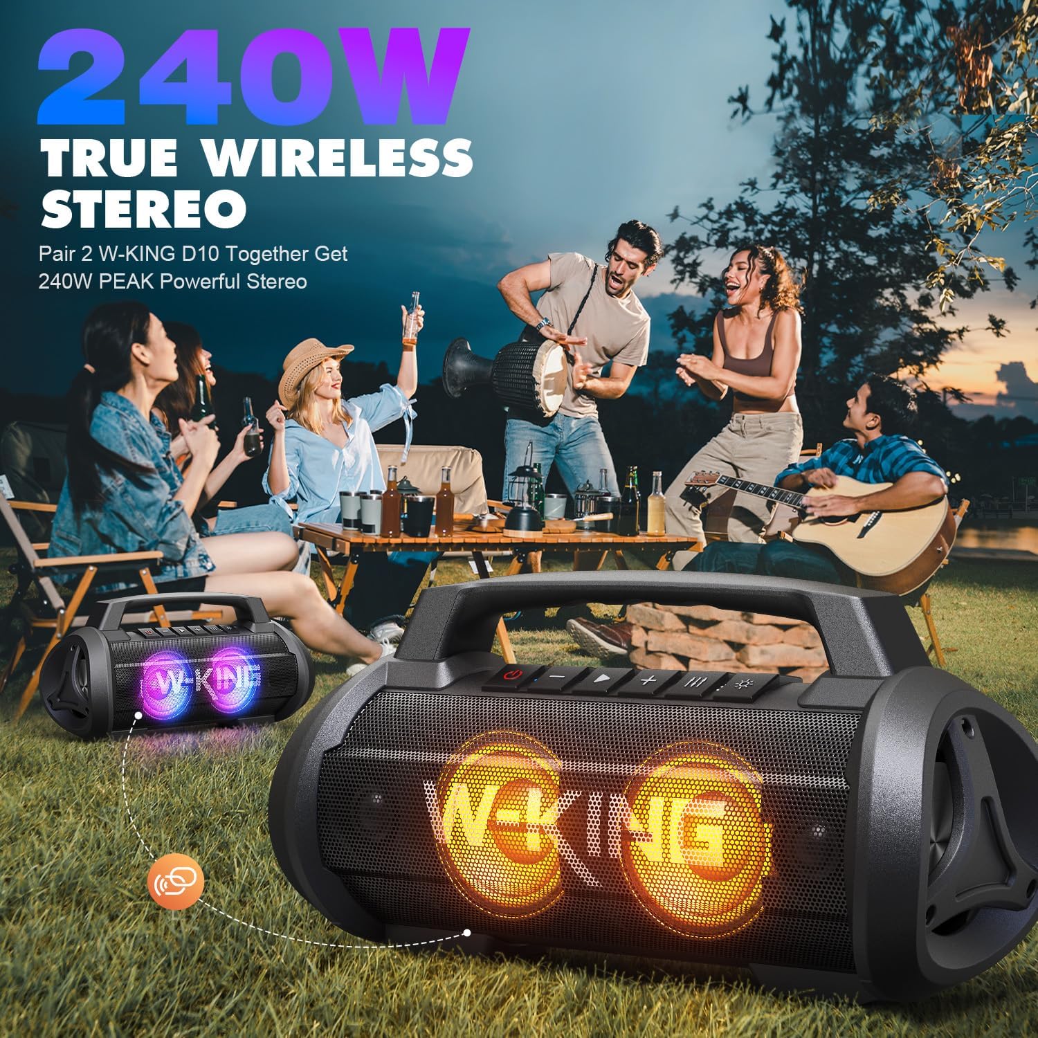 W-KING Portable Speakers Bluetooth Wireless, 120W Max Loudest Bluetooth Speaker, IPX6 Waterproof Outdoor Speaker with 70W Deep Bass/2*Subwoofer/DSP/EQ/42H/LED/MAC-in/TF/2 Pairing, Large Party Boombox