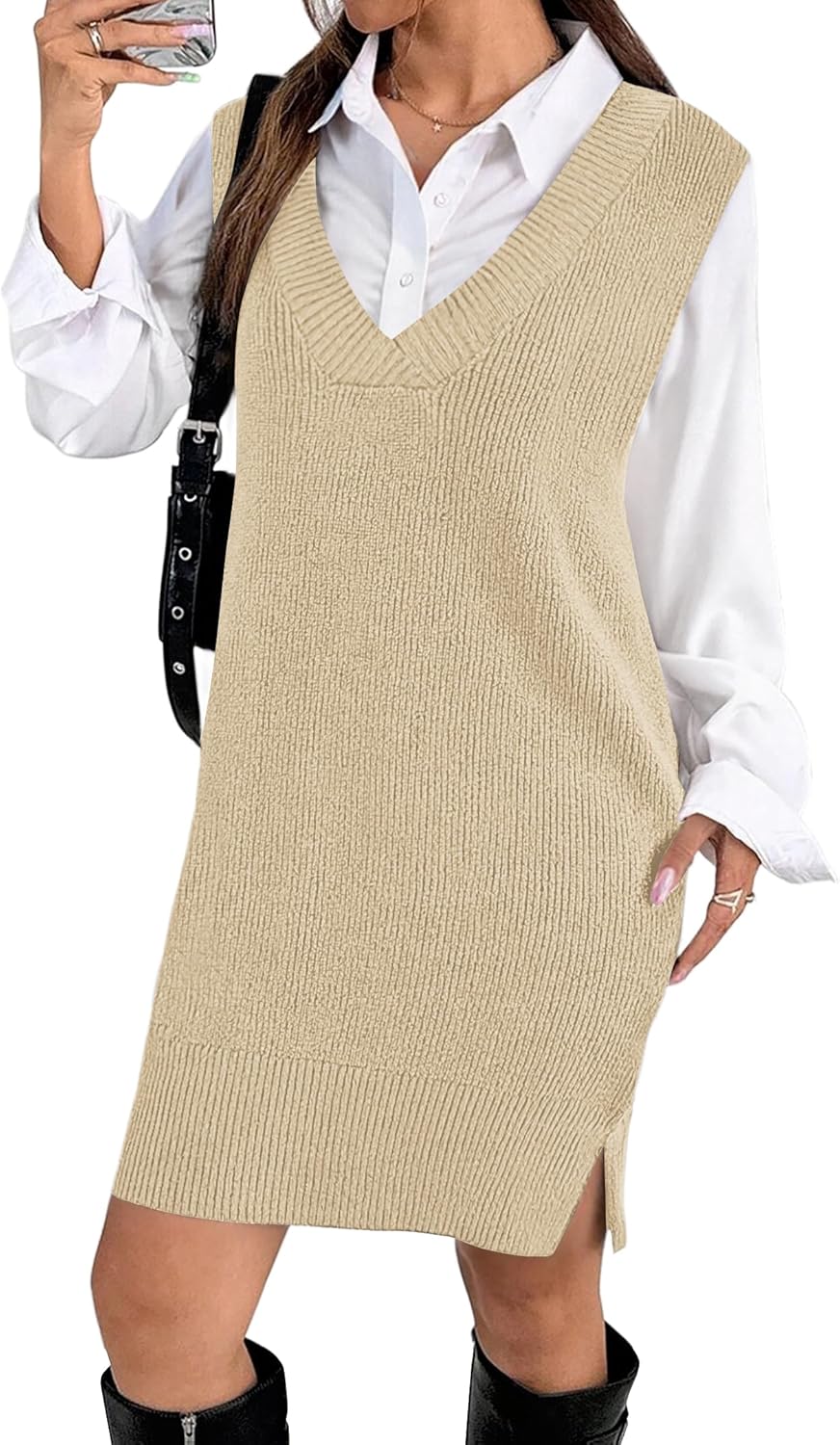 Zeagoo Women's V Neck Sweater Vest Dress Oversized Sleeveless Casual Pullover Sweater Fall Winter Knit Slit Short Dress-57