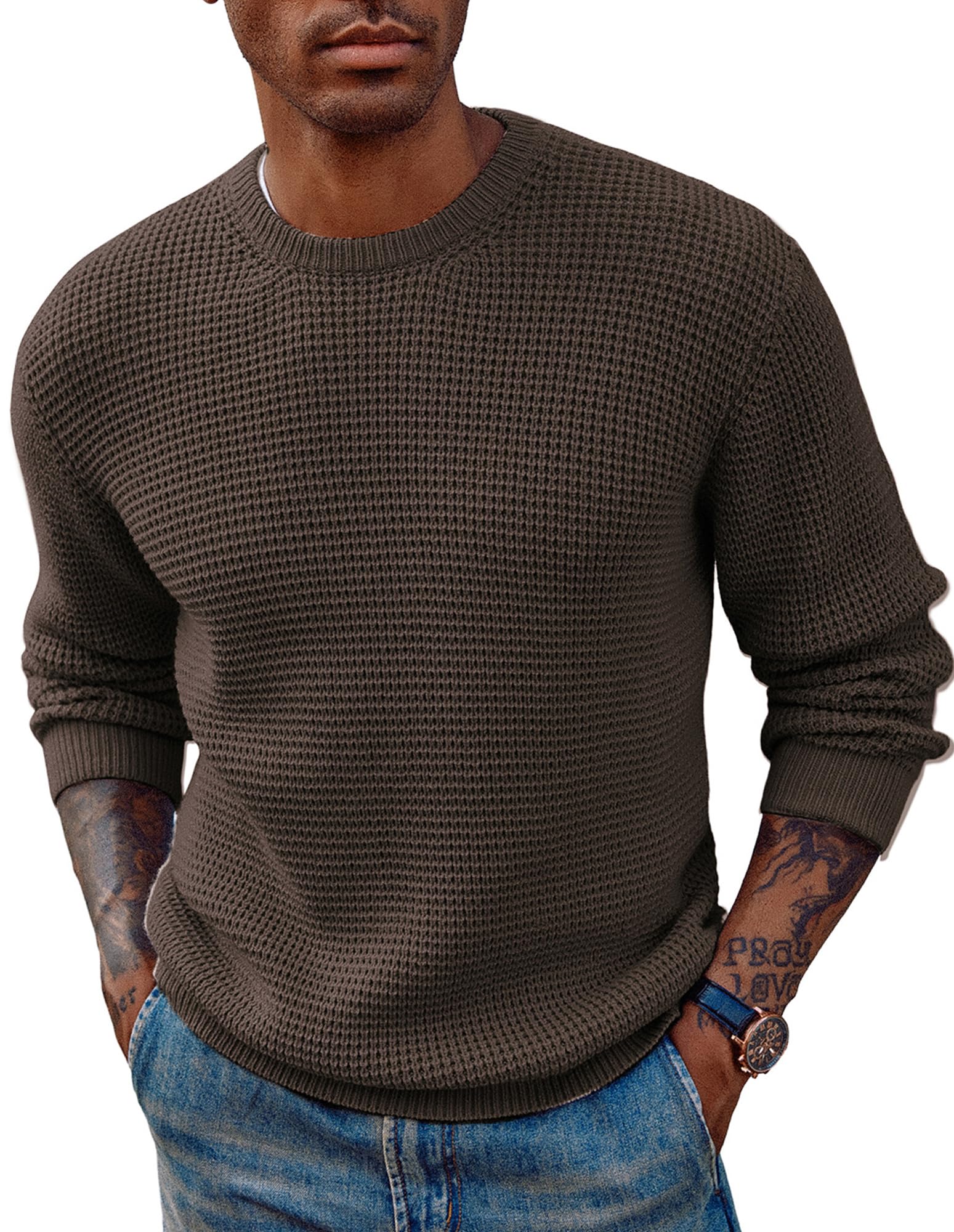 PJ PAUL JONES Mens Pullover Sweater Waffle Textured Long Sleeve Knitted Sweaters-71