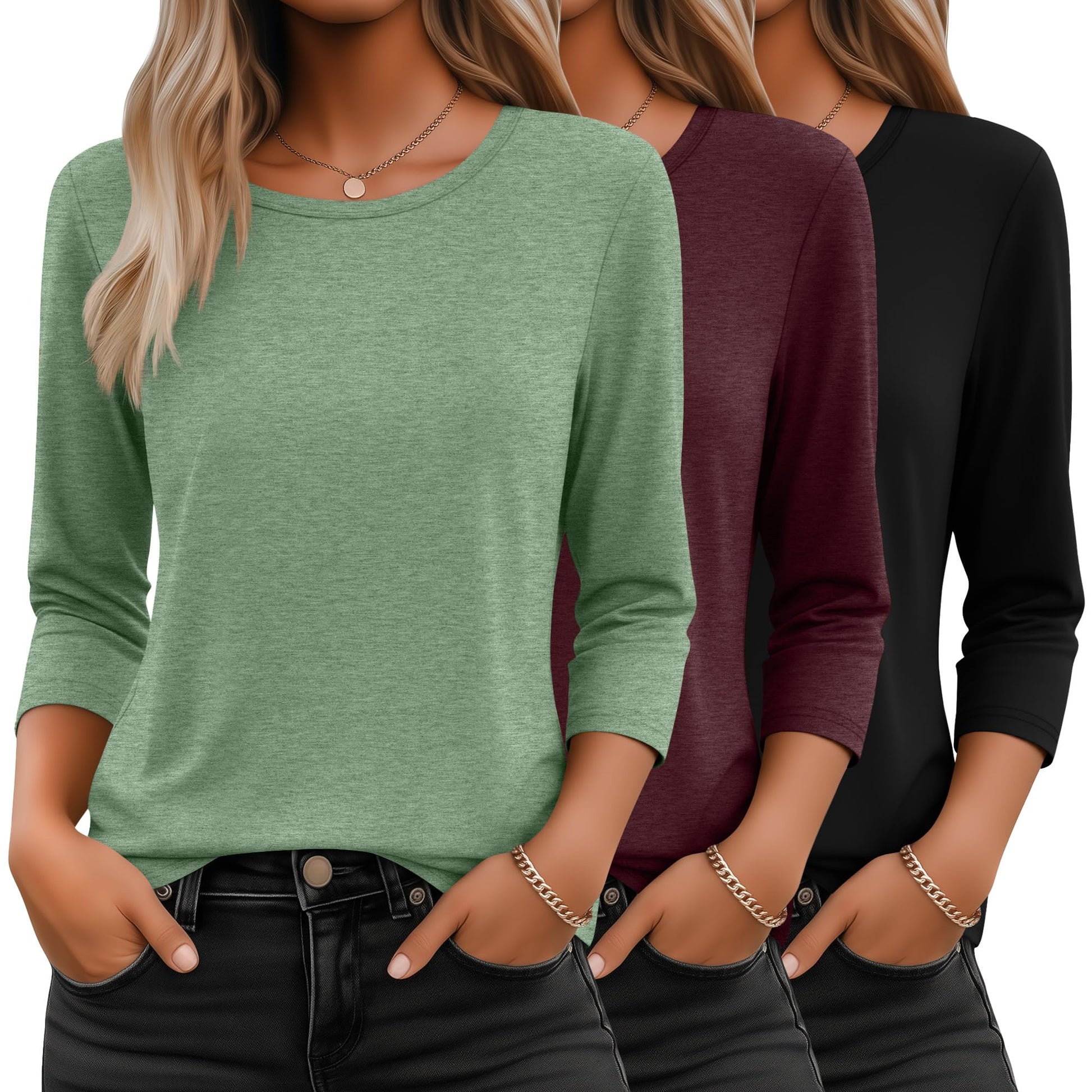 Ficerd 3 Pack 3/4 Sleeve Tops for Women Round Neck Dressy Basics Tees Casual Trendy Loose Fit T Shirts-12