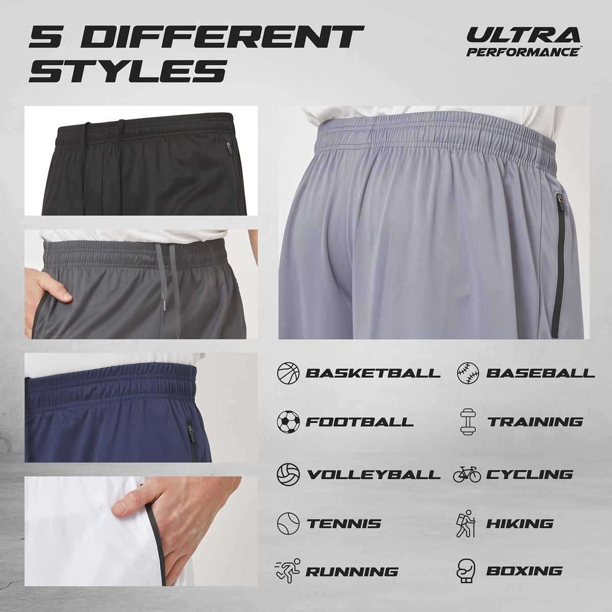 Ultra Performance Mens 5 Pack Athletic Running Shorts, Loose fit Basketball Gym Workout Shorts for Men with Zippered Pockets