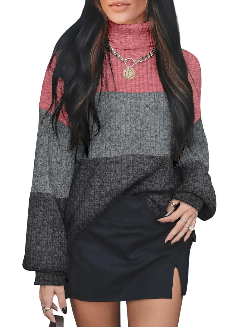 OFEEFAN Turtlenecks Tops for Women Oversized Sweaters Fall Outfits 2025 Plus Size Clothes Long Sleeve Shirts Color Block-38