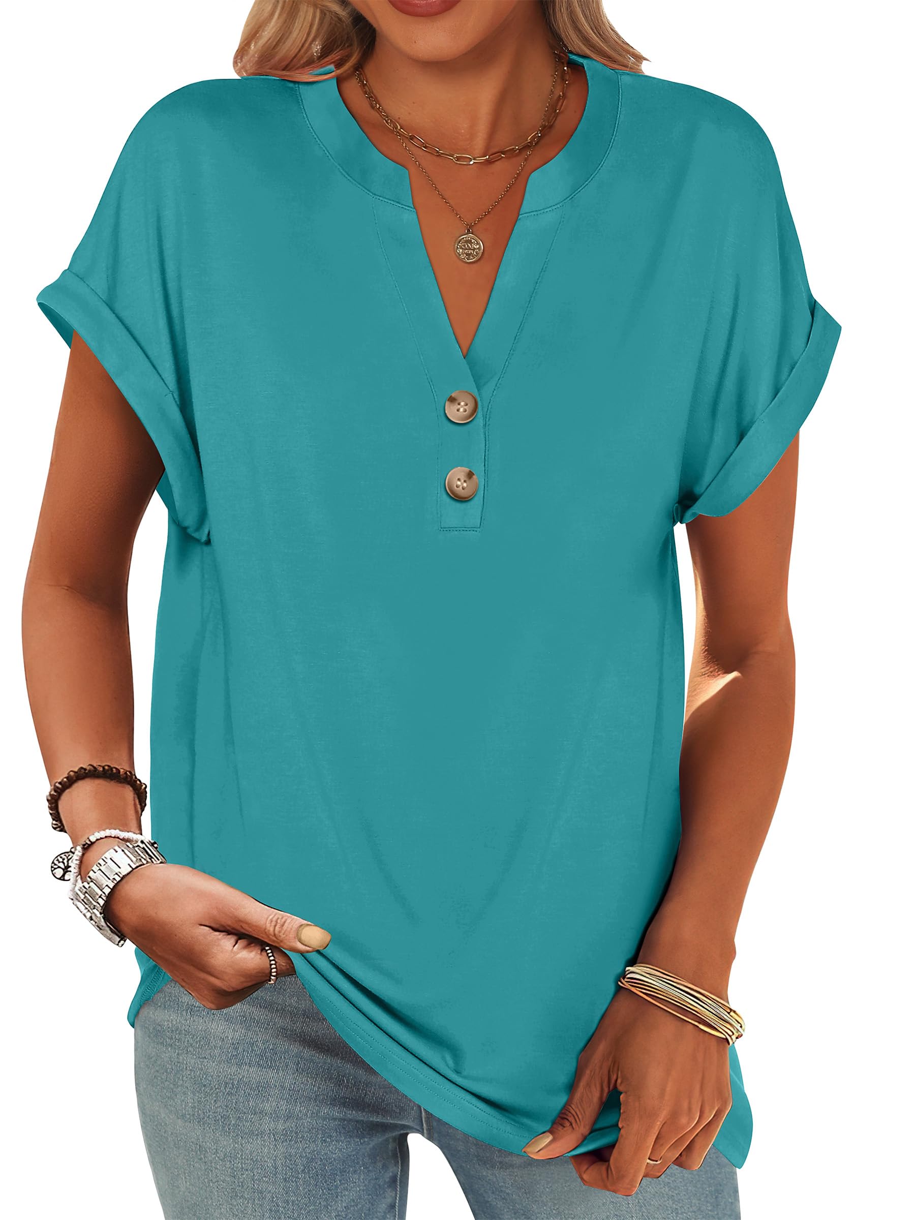 ANRABESS Womens Short Sleeve Henley Tops V Neck Dressy Casual Blouses Summer Trendy Tee Shirts 2026 Vacation Fashion Clothes