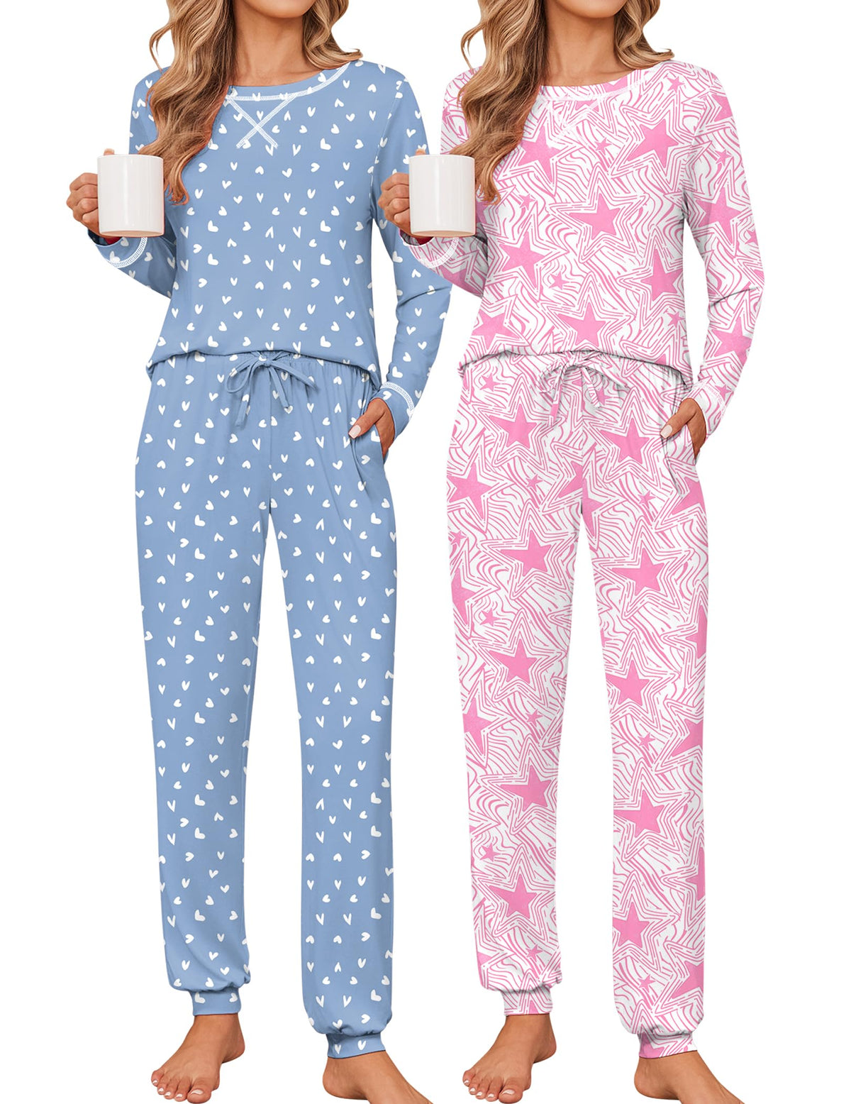 Ekouaer 2 Pack Pajama Sets for Women Long Sleeves Lounge Set Jogger Pants