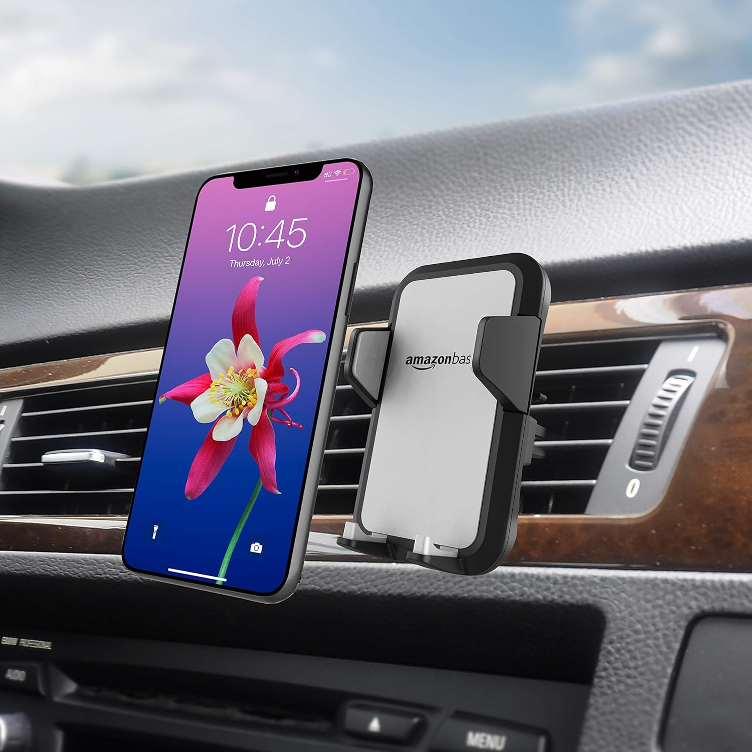 Amazon Basics Universal Portable Smartphone Holder for Car, Air Vent Mount, 360° Rotation, Easy to Install, One-Handed Release, Adjustable and Secure, Grey