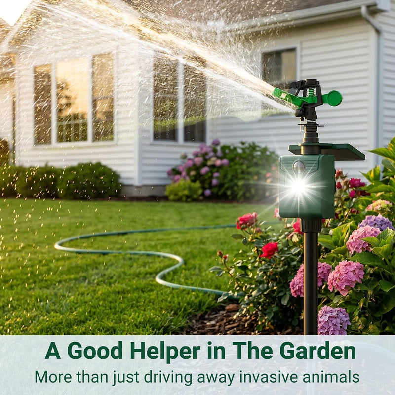 Motion Activated Animal Repeller with Water Sprinkler, Deer Repellent Devices Solar Powered, IP65 Waterproof Cat Repellent Outdoor with Flashing Light, Deter Deer Foxes Skunks Raccoons from Garden